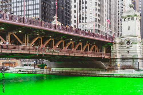 Chicago's DuSable Bridge with the Chicago River Dyed in Green During the St. Patrick's Day Celebration.