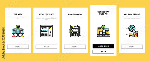 Procurement Process Onboarding Mobile App Page Screen Vector. Procurement Warehouse And Contract, Purchase Requisition And Budget Approval Illustrations