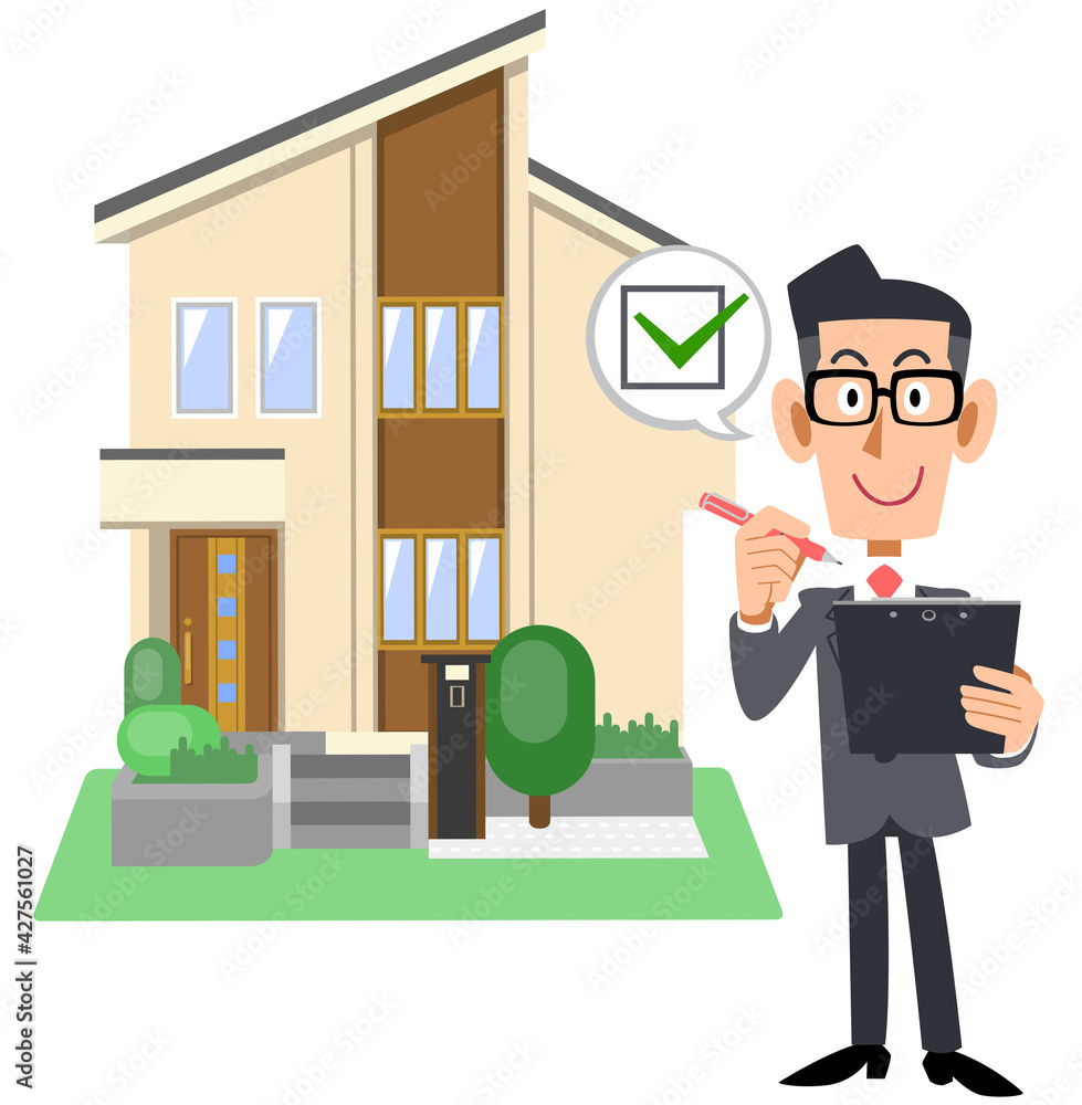 チェックマークを書類に記入するスーツ姿の男性と住宅
