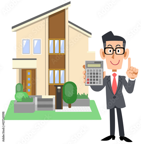 計算機を見せるスーツ姿の男性と住宅
