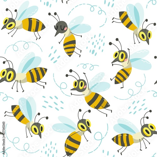 Vector seamless pattern of cute little busy bees. © Marusha Belle
