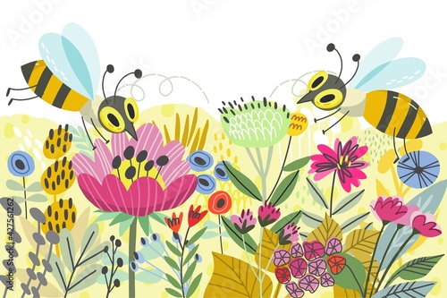 Vector seamless pattern of cute little busy bees.