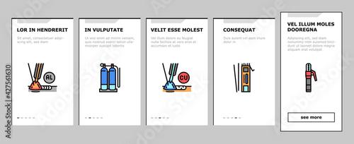 Welding Machine Tool Onboarding Mobile App Page Screen Vector. Welding Equipment And Electrodes, Manual Arc And Plasma, Electroslag And Spot Illustrations