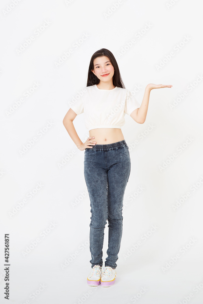 Asian woman present on white background Asian woman present on white background