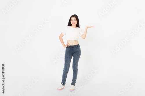 Asian woman present on white background