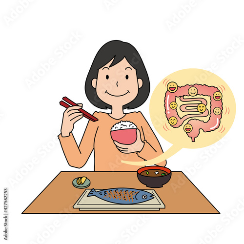 朝ごはんを食べて腸を元気にするイメージ