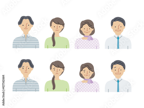 シンプルアイコンセット：若い男女・中年男女セットA（主線なし）