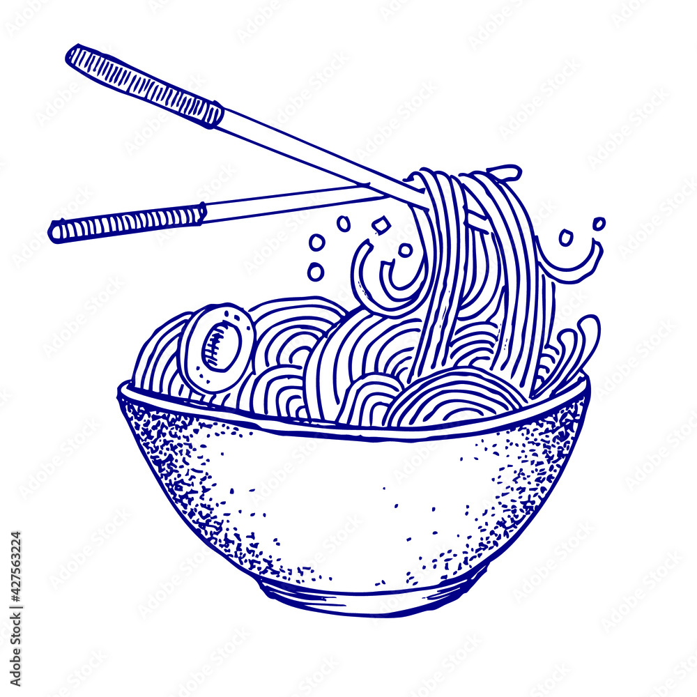 a bowl of chicken noodles, doodle
