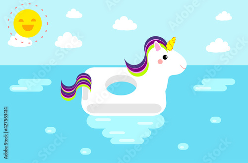 Trendy unicorn floaty with a happy smiling sun card or illustration for children. Vector