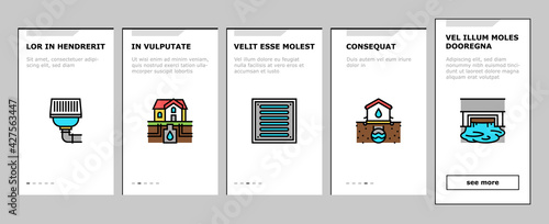 Drainage Water System Onboarding Mobile App Page Screen Vector. Road And House, City And Industry Drain System, Bath And Sink Drainage Hole Illustrations