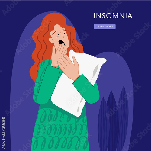 Insomnia. The woman cannot sleep. Female character suffers from insomnia. Sleep disorder, sleeplessness concept.