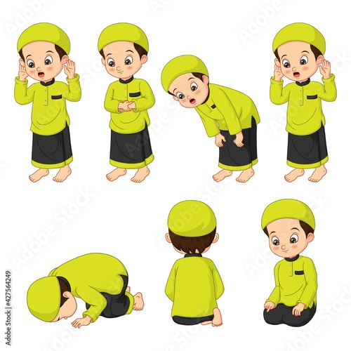 Cute muslim boy perform prayer steps