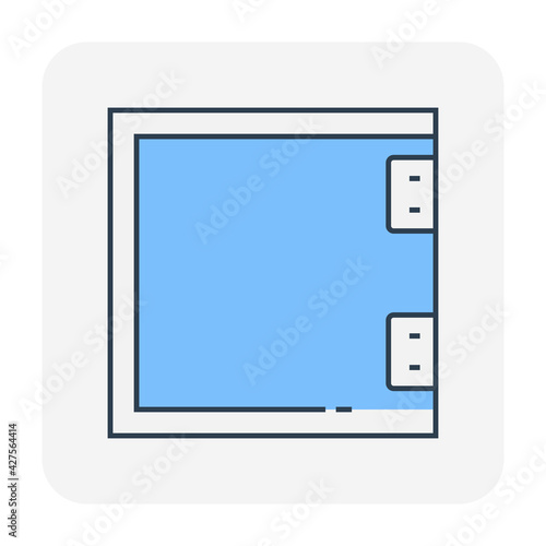 Sanitary partition vector icon. Also called stall or divider consist of wood material and equipment for assembly cubicle interior of commercial building i.e. public toilet room, restroom and washroom.