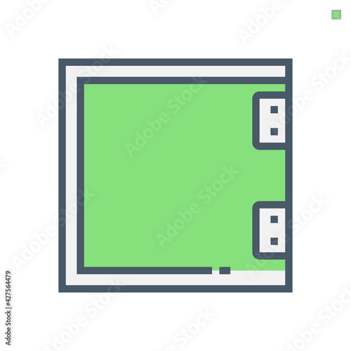 Sanitary partition vector icon. Also called stall or divider. That wood and equipment for assembly cubicle at interior of commercial building i.e. public toilet room, restroom, washroom. 64x64 pixel.