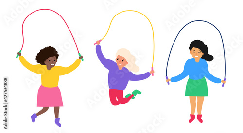 multiracial little girls  jumping rope vector illustration