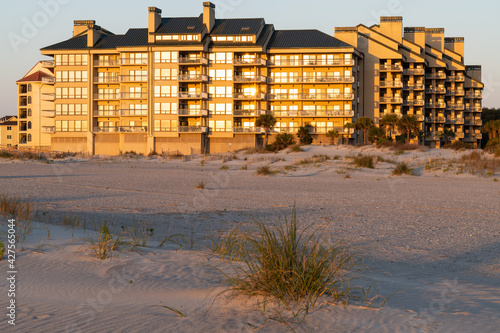 Wild Dunes Resort, South Carolina, USA - April 5, 2021. Luxury ocean view of luxury condos at sunrise, Wild Dunes Resort, Isle of Palms, South Carolina.