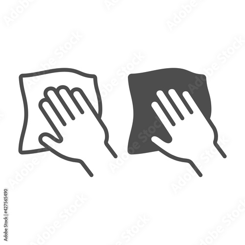 Napkin and hand line and solid icon, car washing concept, Car cleaning cloth sign on white background, Cleaning napkin icon in outline style for mobile concept and web design. Vector graphics.