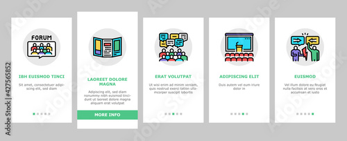 Forum People Meeting Onboarding Mobile App Page Screen Vector. International And Business Online Forum, Public Debate And Hearing, Disputes And Vote, Illustrations