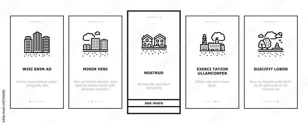 Land Property Business Onboarding Mobile App Page Screen Vector. Land Rent And Sale, Residential Apartment And Estate, Public And Recreational Zone Illustrations