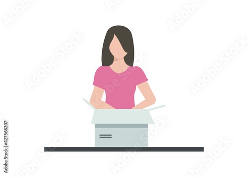 Young girl unboxing a package. Blank face. Simple flat illustration