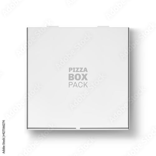 Front view of closed pizza box pack mockup. Blank white cardboard box, meal delivery service object, fast food packaging template design realistic vector illustration on white background