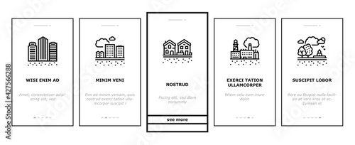 Land Property Business Onboarding Mobile App Page Screen Vector. Land Rent And Sale, Residential Apartment And Estate, Public And Recreational Zone Illustrations