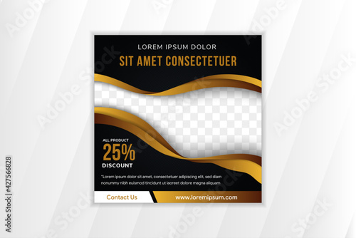 Illustration vector graphic of social media post banner, combination gold and black color. Wave Style frame of space for photo. Square layout with transparency diagonal line pattern.