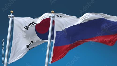 4k Seamless Republic of Korea and Russia Flags with blue sky background;A fully digital rendering;The animation loops at 20 seconds;KOR KR RUS RU. photo