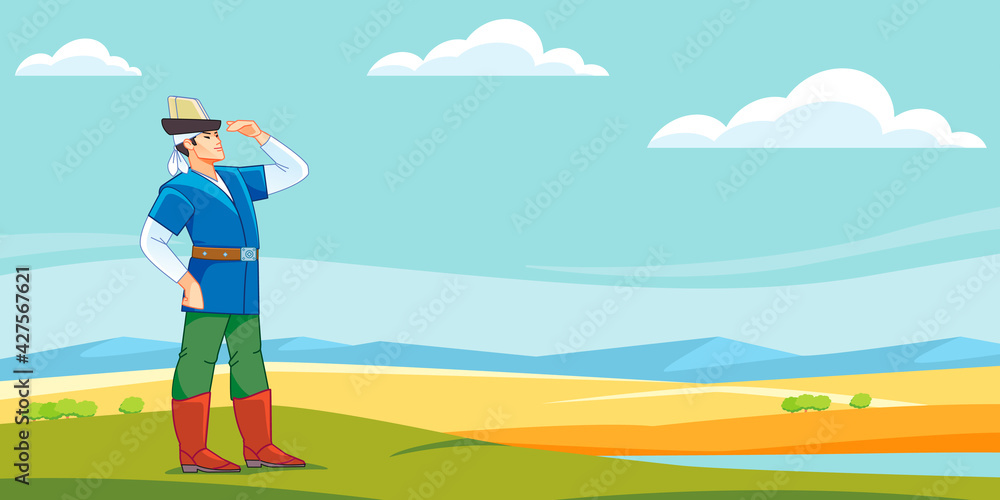 A medieval Central Asian Kazakh or Kyrgyz youth looks into the distant steppe. Nomad man. Cartoon vector illustration