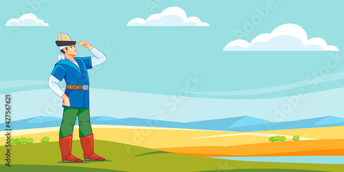 A medieval Central Asian Kazakh or Kyrgyz youth looks into the distant steppe. Nomad man. Cartoon vector illustration