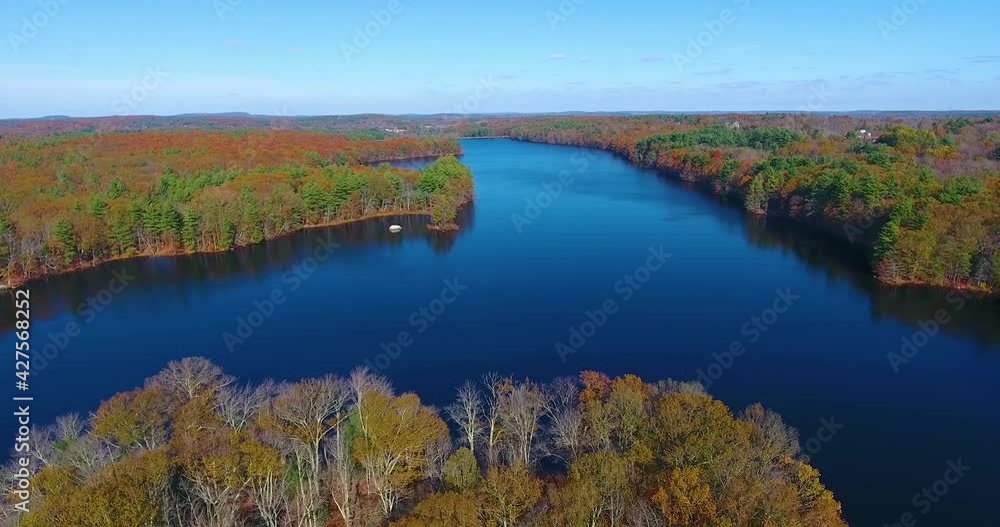 Ashland Reservoir aerial view with fall foliage in Ashland State Park in town of Ashland, Massachusetts MA, USA. Ashland Reservoir aerial view with fall foliage in Ashland State Park in town of Ashland, Massachusetts MA, USA.