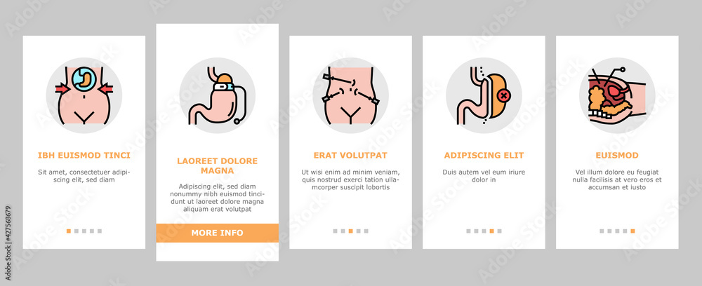 Bariatric Surgery Onboarding Mobile App Page Screen Vector. Excess Weight And Risk Of Complications, Severe Bleeding And Result Of Bariatric, Lung Or Breath Problem Illustrations