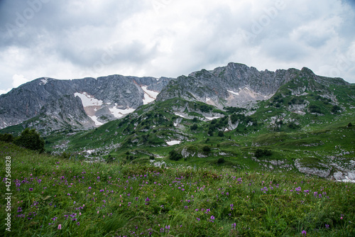 summer landscape panoramic view on a cloudy day in the valley mountains. Adygea, Russia