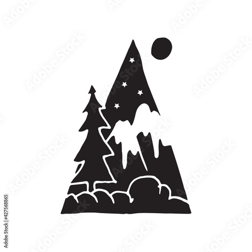 logo for nature vacation. triangle shape, monochrome concept. black and white color. hand drawn vector. doodle art for symbol, label, poster, cover, clipart, sticker. stars, mountain, pine and moon. 
