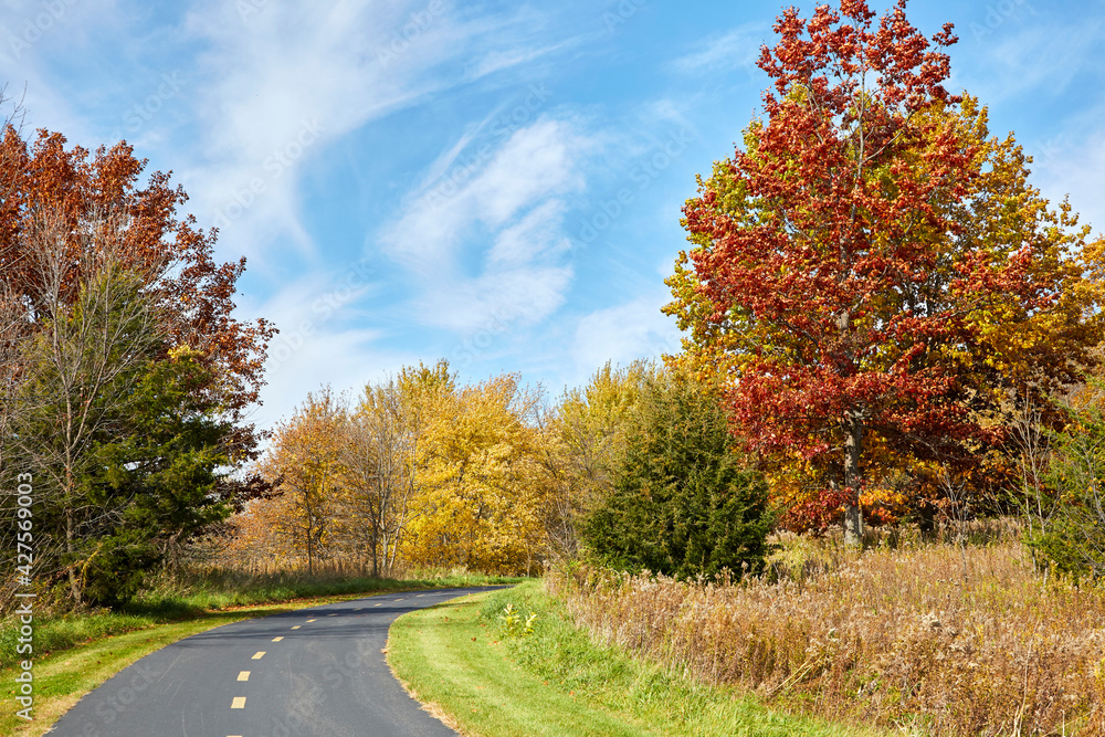 Bike path winding through a beautiful park on a fall day with trees turning colors Bike path winding through a beautiful park on a fall day with trees turning colors