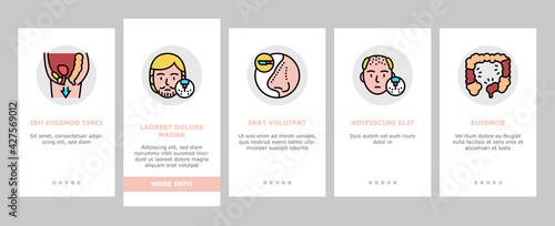 Disease Human Organ Onboarding Mobile App Page Screen Vector. Colitis And Breast Gynecomastia, Hemorrhoids And Glossitis, Cryptorchidism And Systole Disease Illustrations
