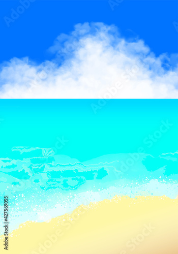 水彩で描いた南国の海と入道雲　縦