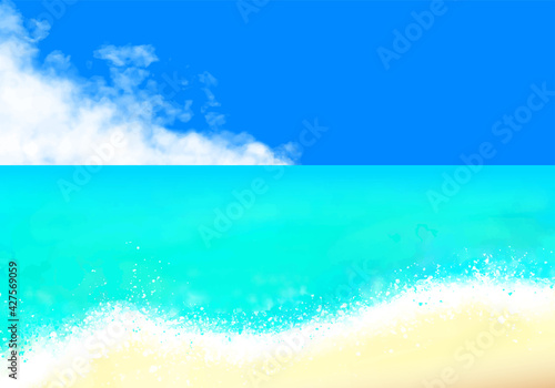 水彩で描いた南国の海と入道雲　横