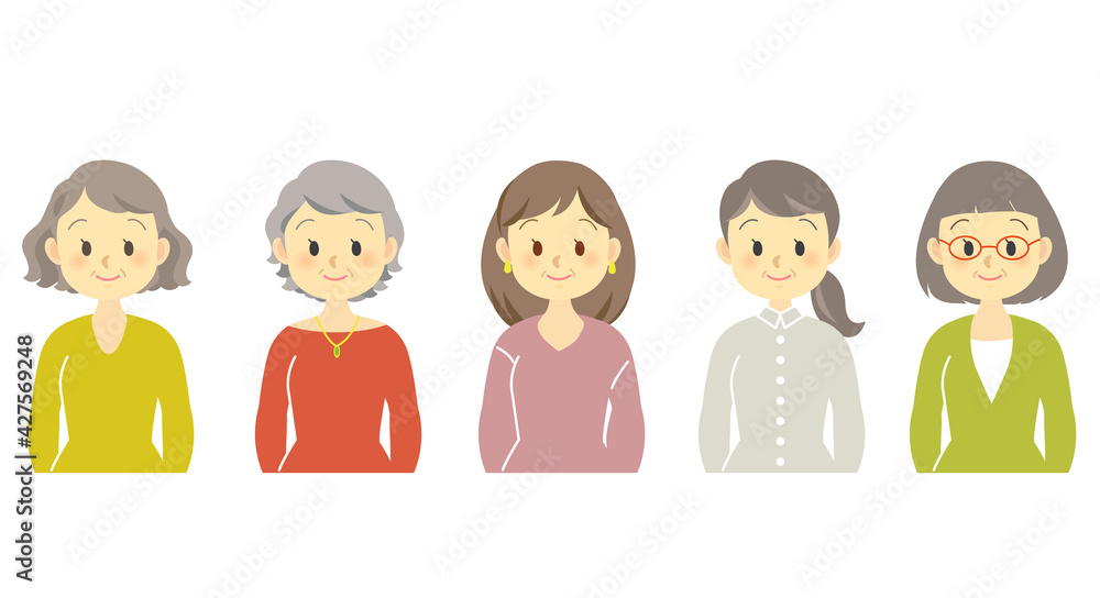 イラスト素材：笑顔の表情、年配の女性たちの複数横並び、服装髪型違い
