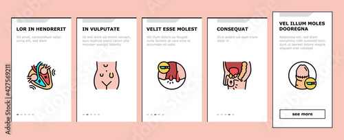 Disease Human Organ Onboarding Mobile App Page Screen Vector. Colitis And Breast Gynecomastia, Hemorrhoids And Glossitis, Cryptorchidism And Systole Disease Illustrations