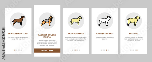 Dog Domestic Animal Onboarding Mobile App Page Screen Vector. Yorkshire And Rottweiler, Beagle And French Bulldog, Golden Retriever And German Shepherd Dog Illustrations
