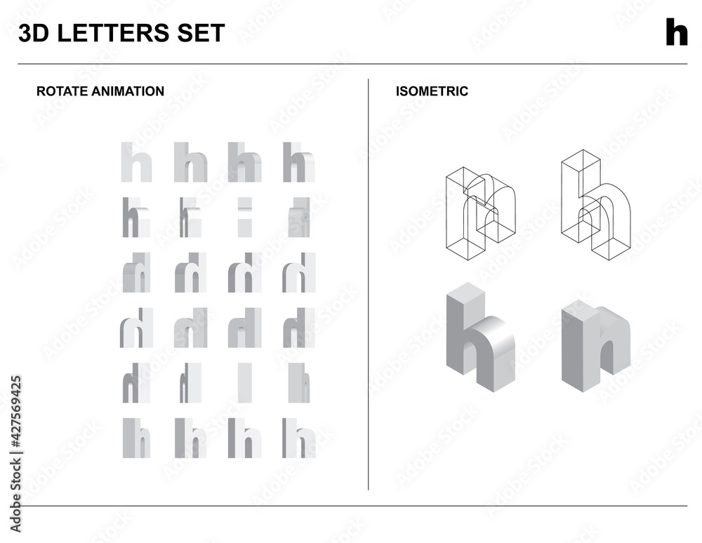 Fototapeta premium 3d h Alphabet Letters Set Animate Isometric Wireframe Vector