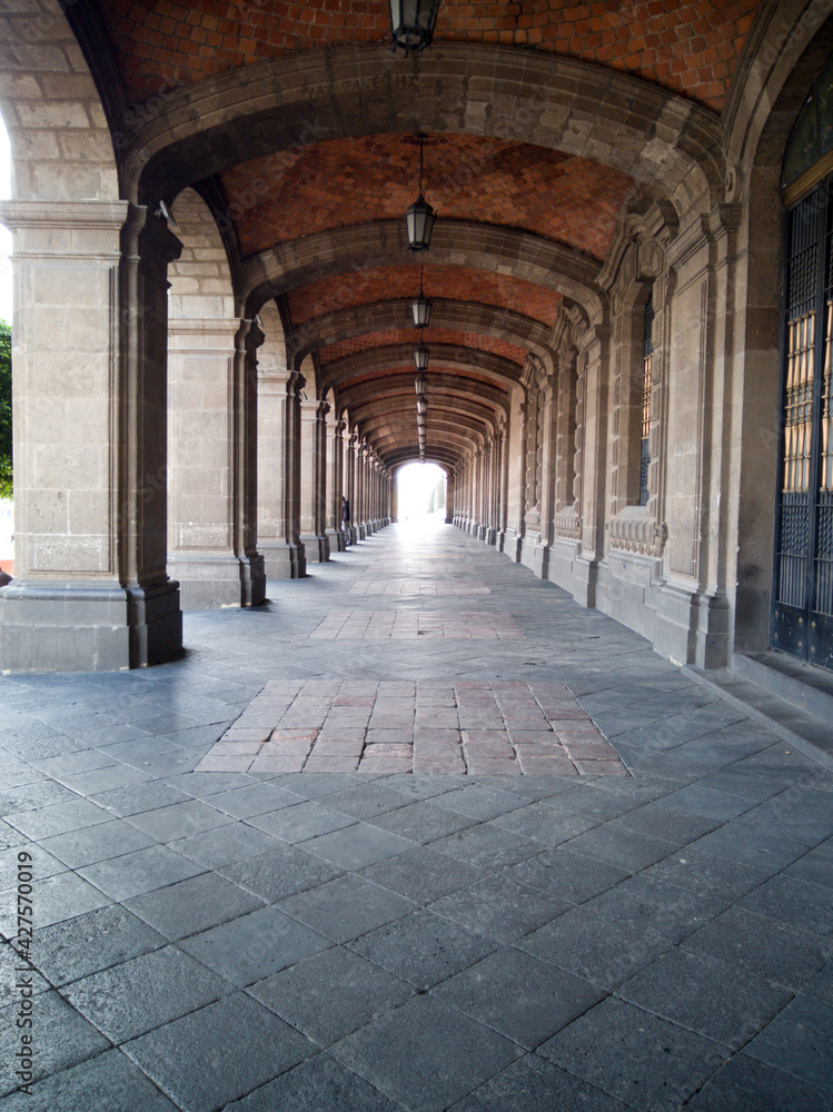Corridors with columns in historic building,  Historic Center of Mexico City
