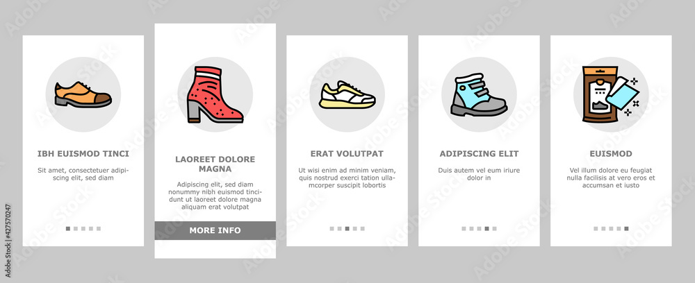 Shoe Care Accessories Onboarding Mobile App Page Screen Vector. Leather And Velvet, Children And Everyday Shoe Care, Brush And Sponges, Polishing Tool Illustrations Shoe Care Accessories Onboarding Mobile App Page Screen Vector. Leather And Velvet, Children And Everyday Shoe Care, Brush And Sponges, Polishing Tool Illustrations
