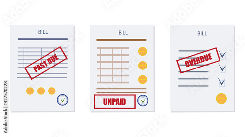 Past due, overdue, or unpaid bill. Set of consumable documents, calculation table with a delay in payment and repayment schedule. Debt or past purchase notice.Financial data, stamp, red mark. Vector