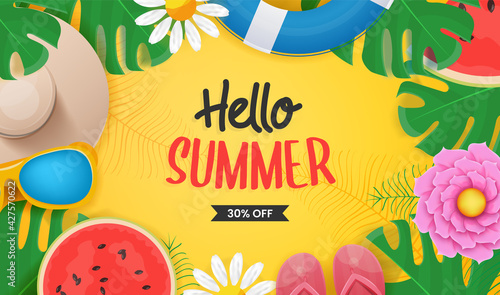 Hello Summer vector banner with hand-drawn lettering with colorful beach elements like tropical fruits, leaves, watermelon in yellow background, vector illustration
