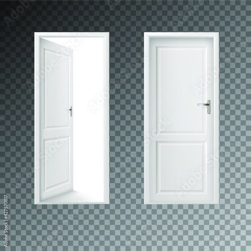 Open and closed white entrance realistic door isolated on transparent background. Eps 10 vector illustration.