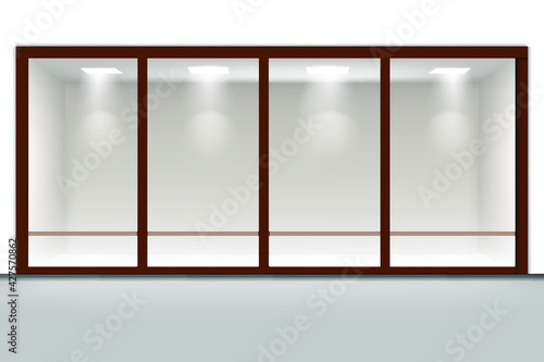 Store front. View from outside to empty shop boutique interior with glass door and big windows. Supermarket business wall entrance vector mockup. Eps 10 vector illustration.