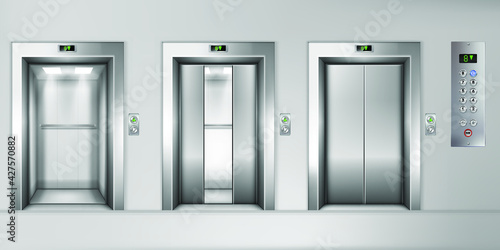 Templates set of elevator with closed, half-open and open doors, realistic vector illustration. Fragment of building wall with elevator doorways and shiny steel doors. Eps 10 vector illustration.