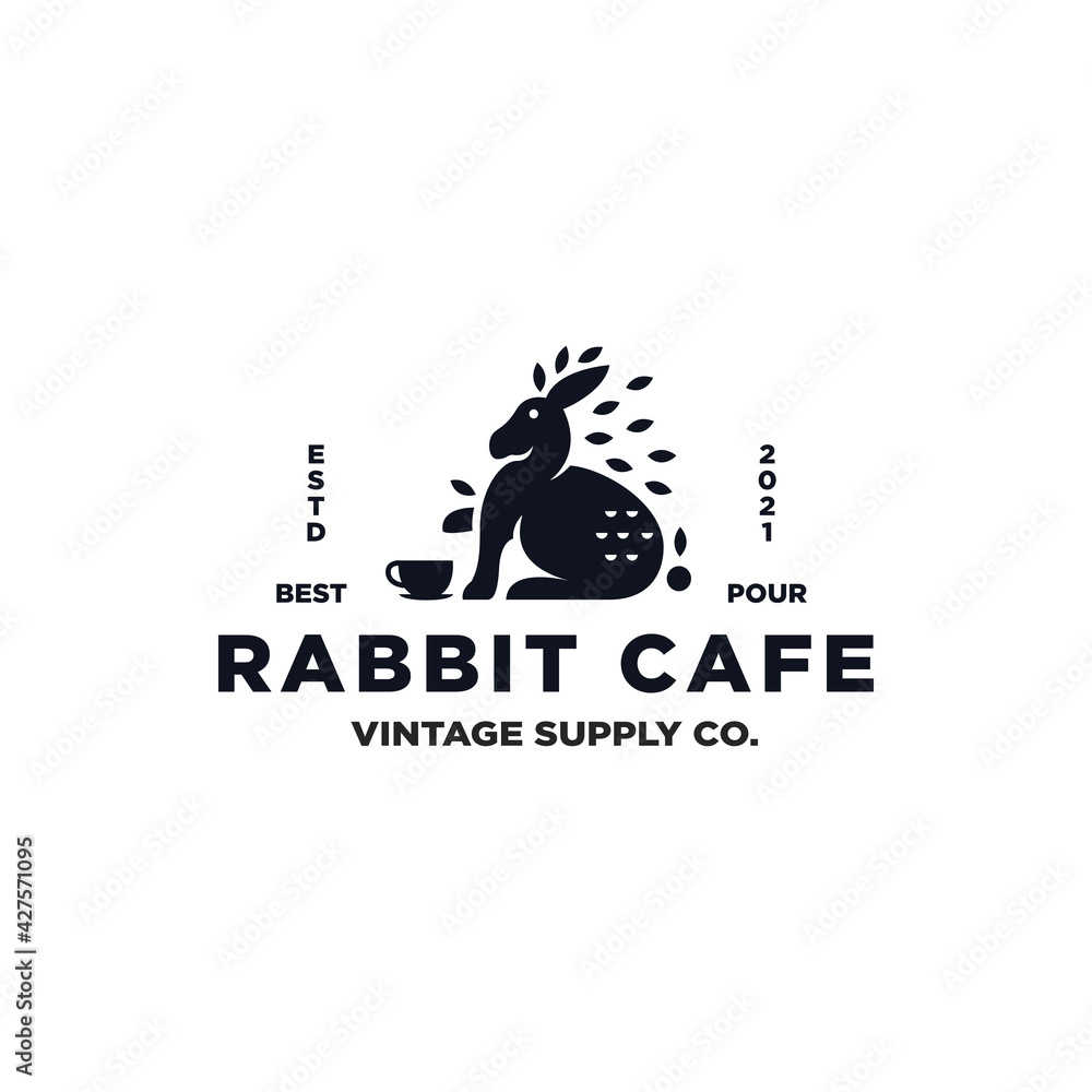 Rabbit Cafe Logo Design Inspiration - Isolated vector Illustration on white background - Creative black vintage logo, icon, symbol, sticker, emblem, badge - Rabbit, leaves, and cup smart combination